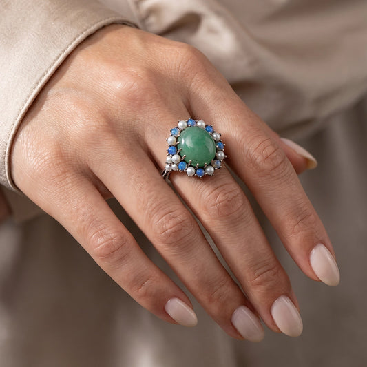 Zilveren ring met agaat, opaal en parels – maat 17,25 | 54