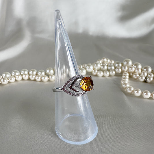Vintage 925 zilveren ring met citrien en zirkonia in elegante bladvorm – maat 16,25 | 51